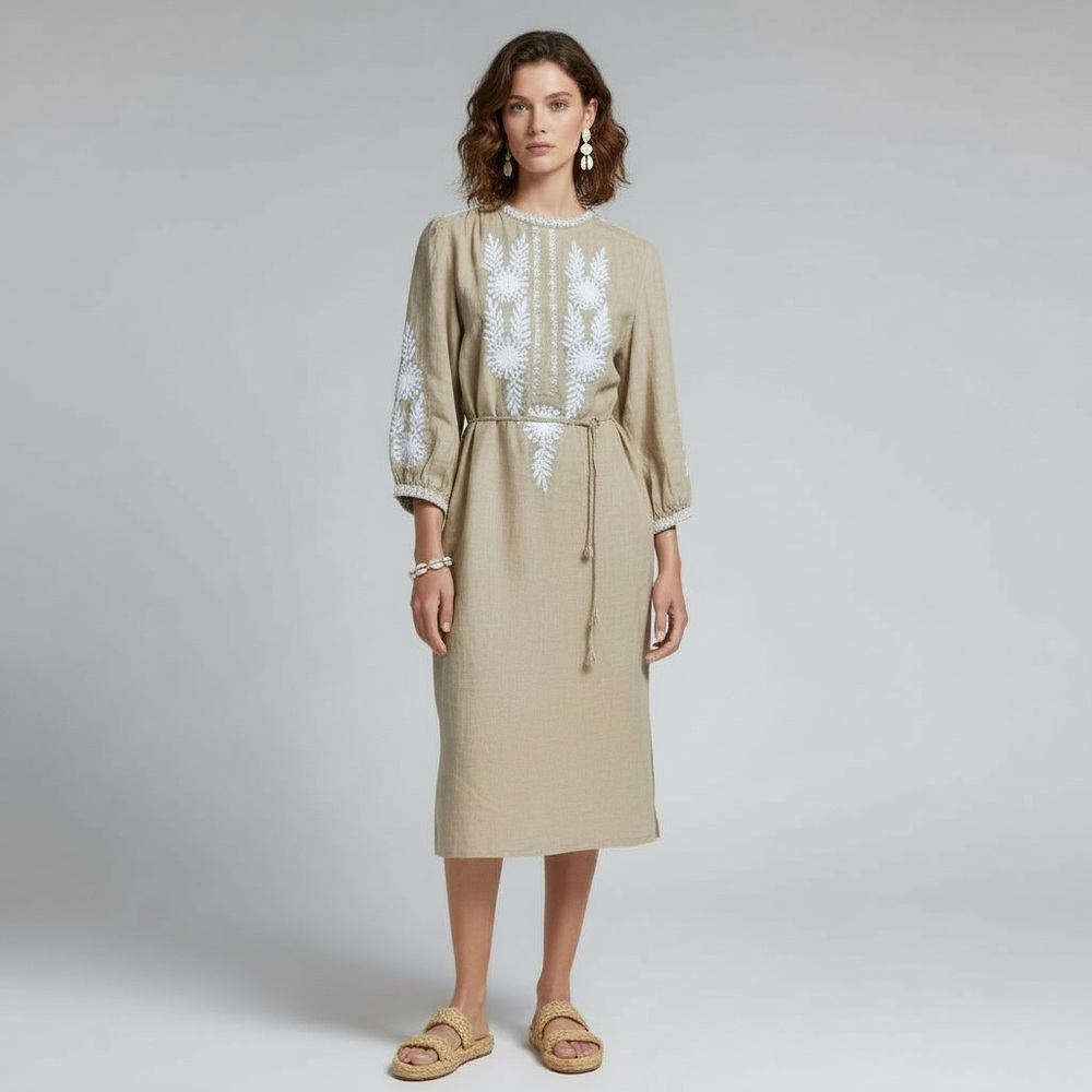 Banana Republic Tan Linen Embroidered Midi Dress Women’s M